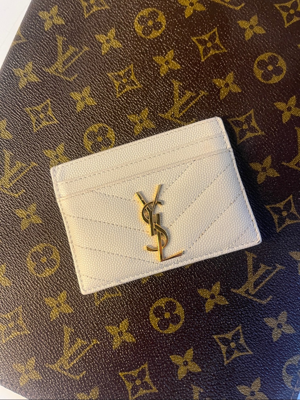 Yves Saint Laurent grey/beige Quilted Card Holder with Gold YSL Emblem